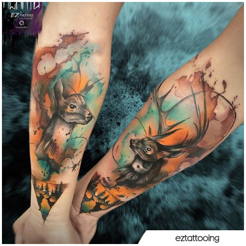 tatuaje pareja ciervos acuarela