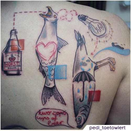 tatuaje de gaviota con pescado