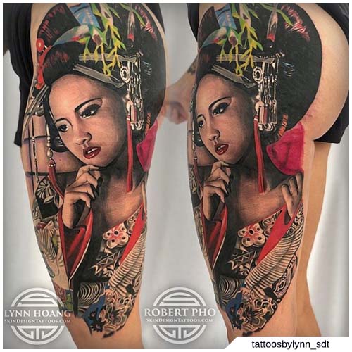 tatuaje de geisha realista de color