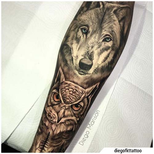 tatuaje de búho lobo